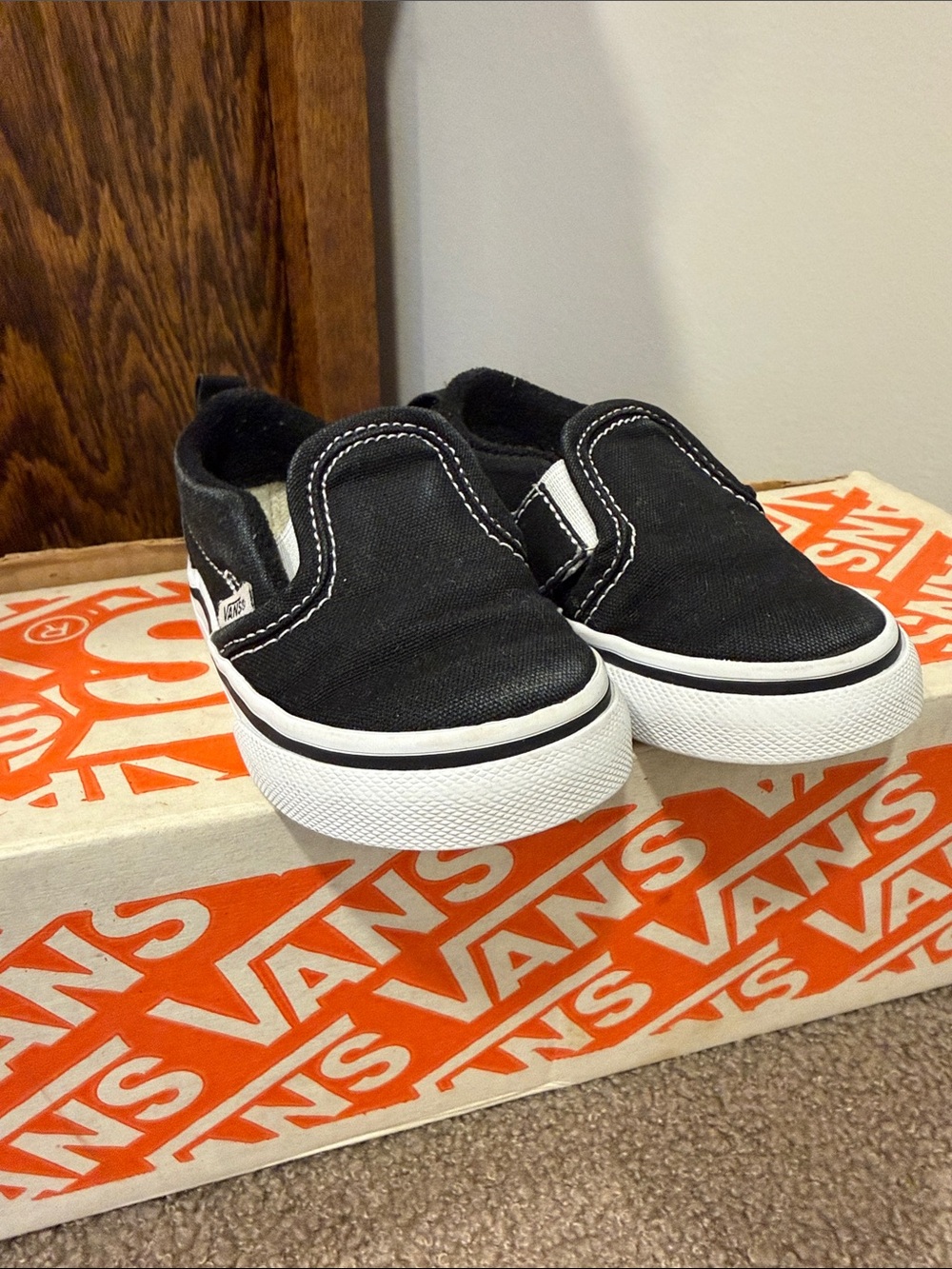 Vans Kids Slip-On Canvas Sneakers - Black & White  4.5